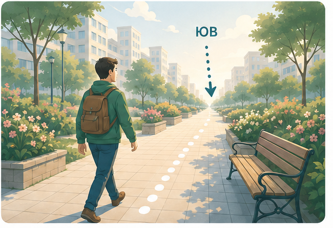 A man with a backpack walking down a park path toward SE